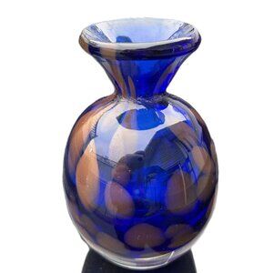 Cobalt Blue & Gold Hand-Blown Art Glass Vase 5" Tall